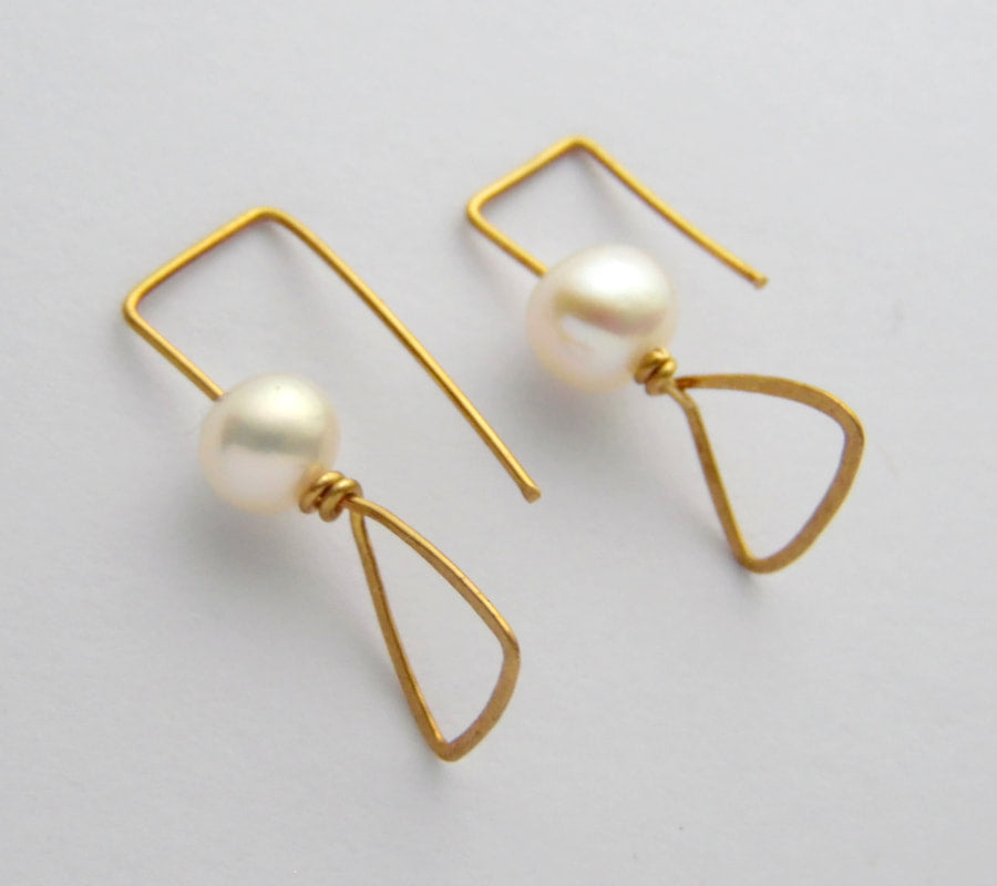 Modern Minimalist Dangler Earrings Gemstones Brass  - Pearl